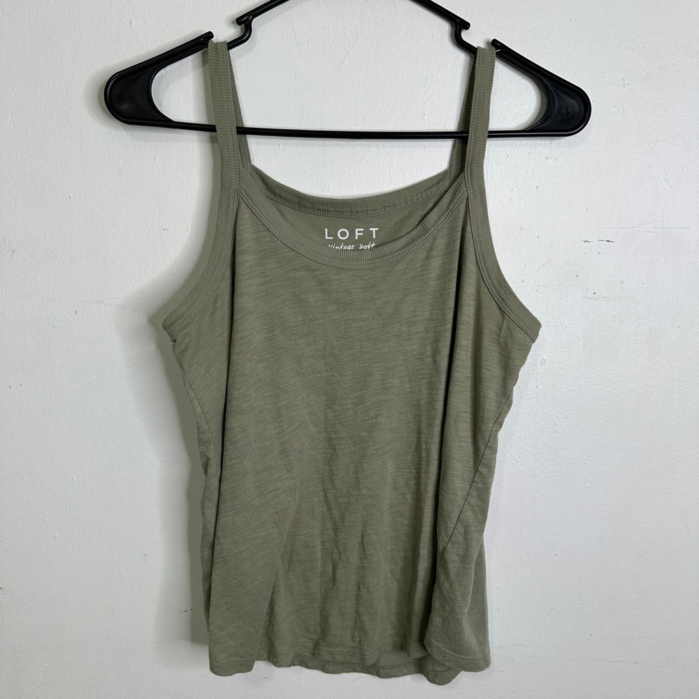 Loft Vintage Soft Tank Top Womens Small Olive Green Cotton Slub Knit Sleeveless